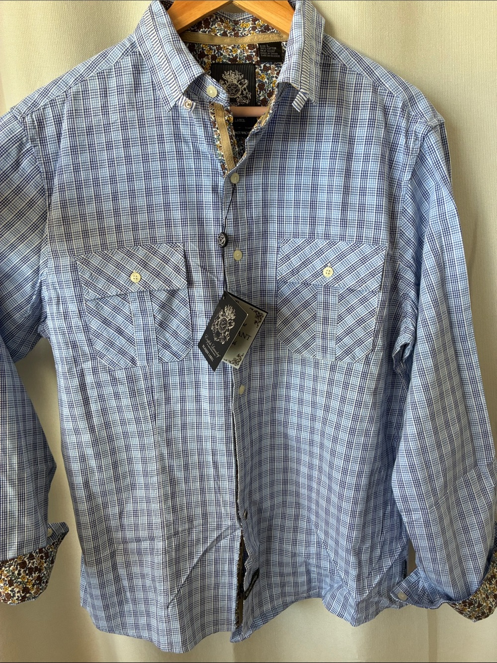 English Laundry Light Blue Plaid Button-Down Shirt with Contrast Trim